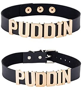 CSIYANJRY99 Schwarze Puddin-Choker-Halskette für Damen, Halloween, Haley Quinn, Cosplay, Puddin-Halsband, Puddin-Halsband, Schwarz, Leder, Kein Edelstein