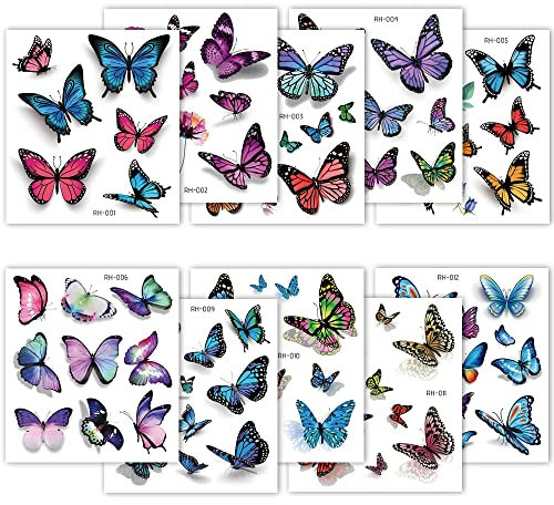 Schmetterling Temporäre Tattoo Aufkleber,10 Blätter 3D Glitzer Tattoo Kinder Mädchen Schmetterling Kindertattoos Schmetterling Körperkunst Aufkleber für Kinder Spielen Mitgebsel Kindergeburtstag Party