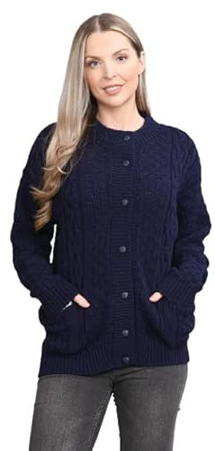 Pretty Attitude Women Winter Chunky Cable Knit Ladies Long Sleeve Aran Crew Neck Warm Cardigan (Navy Aran Bw, 16)