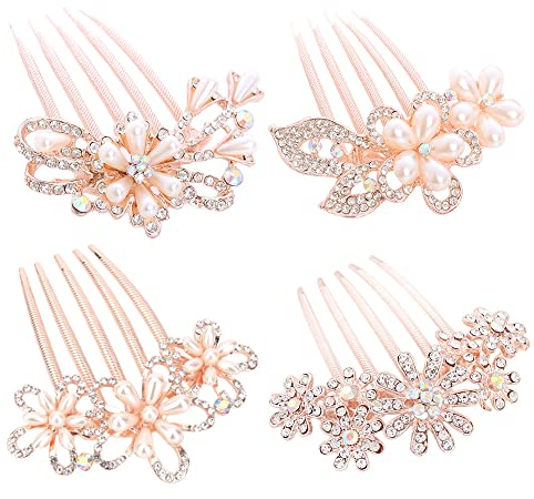 Niaciswe Fermaglio Capelli Sposa 4 Pezzi Sposa Forcine Capelli Accessorio per Capelli da Sposa Wedding Hair Fiore Copricapo con Strass Cristallo Perla per Donne e Ragazze, Oro rosa