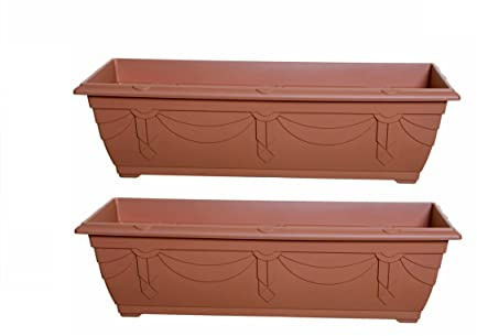 Set Of 2 Slim Venetian Window Box Trough Planter Small 60cm Plastic Plant Pot Terracotta Colour