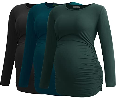 Smallshow Femme Vetement Grossesse Manches Longues T Shirt Maternité Pack de 3,Black-Deep Green-Teal,M