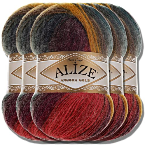 Alize 5x 100g Angora Gold Batik Türkische Premium Wolle aus 20% Schurwolle 80% Acryl Uni Handstrickgarne Yarn Garn Strickgarn Babywolle Farbverlauf Baby zum Häkeln Stricken (3368)
