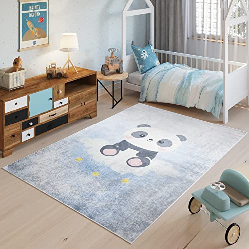 TAPISO Emma Teppich Waschbar bei 30 Grad Grau Blau Meliert Panda Sterne bedruckter Kinderteppich Antirutsch Kinderzimmer Jugendzimmer Modern ÖKO-TEX 160 x 230 cm
