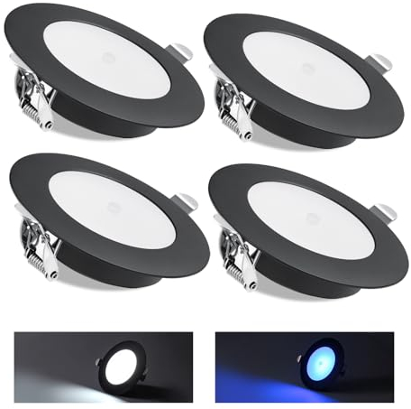 acegoo 4 x 12V Einbaustrahler Wohnmobil LED Einbauleuchte mit Ein/Aus-Dimmschalter&Blaues Nachtlicht Spot 3W 285lm Dimmbar Einbauspot Downlight für Boot Wohnwagen Camper Küche(Schwarz 5000K)