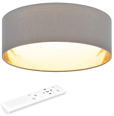 Navaris LED Deckenleuchte Milchglaskuppel - dimmbar mit Fernbedienung - verstellbare Farbtemperatur - Design Stoff Deckenlampe - Dunkelgrau/Gold