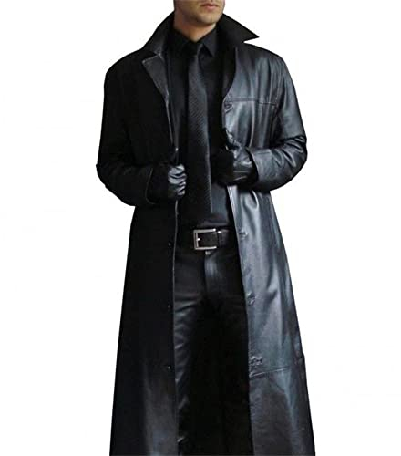 Pelle Giacca Uomo Slim Fit Bavero Tinta Unita Lungo Cappotto Uomo Manica Lunga Ecopelle Impermeabile Giacca Uomo Urbano Stile Gotico Cosplay Costume Uomo C-Black S