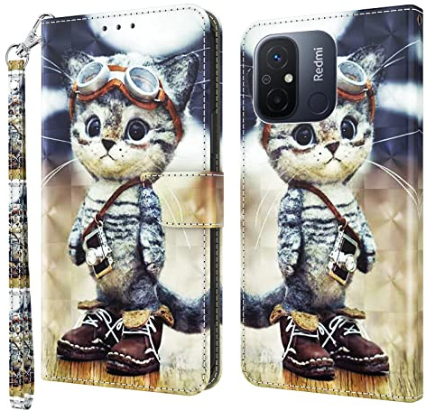GLANDOTU Handyhülle für Xiaomi Redmi 12C /12 C / 11A Lederhülle Klapphülle Premium Leder Brieftasche Schutzhülle [Kartenfach][Standfunktion] Handytasche Case für Redmi 12C Hülle - Kluge Katze