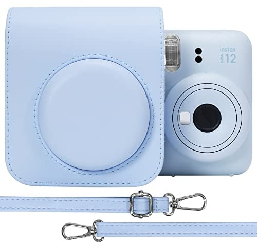 Aenllosi PU Housse de Protection en Cuir pour Fujifilm instax Mini 12/11 Instant Film Camera Sac de Voyage avec bandoulière réglable (Bleu pâle, Coque de Protection Uniquement)