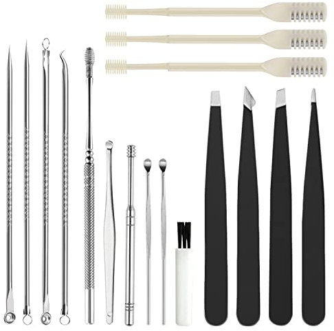 17 herramientas de belleza, CNYMANY 4 herramientas para eliminar puntos negros, extractor de espinillas, 6 púas de oído, kit de limpieza de cerumen, 4 pinzas de cejas, 3 herramientas giratorias para