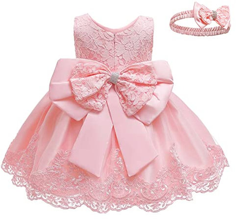 AGQT Robe de baptême sans Manches pour bébé Fille avec Gros nœud - Robe de fête d'anniversaire - Robe Tutu de Mariage - Rose - Couleur Unie - Taille 12-18 Mois