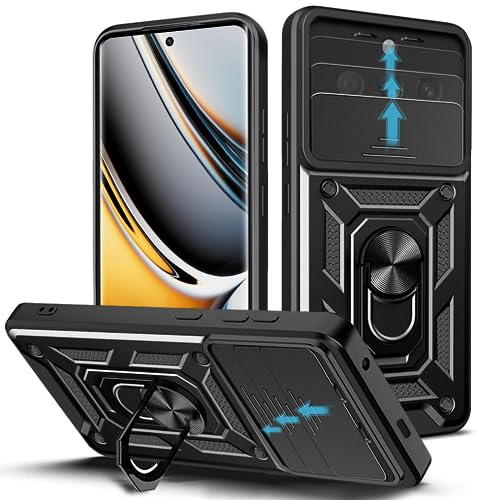 Loyhee Funda para Realme 11 Pro/Realme 11 Pro Plus (6.7), Protección de la Cámara Carcasa con Cubierta de Cámara Deslizante y Soporte de Anill PC Dura y TPU Silicone Anti-Choque Case – Negro