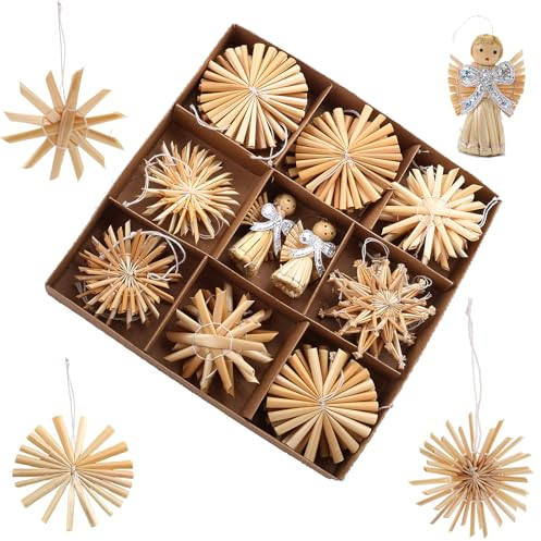 HERZWILD Strohsterne Weihnachtsbaumschmuck aus Stroh Weihnachts Anhänger für den Weihnachtsbaum natürlicher Christbaum Behang Weihnachtsdekoration (Natur 28pcs-A)