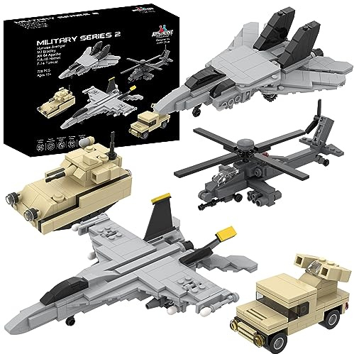 Apostrophe Games 5 militärische Bausteinsets (730 Teile) F/A-18 Hornisse, F-14 Tomcat Kampfjet, AH-64 Apache Hubschrauber, M2 Bradley Panzer und Humvee Avenger