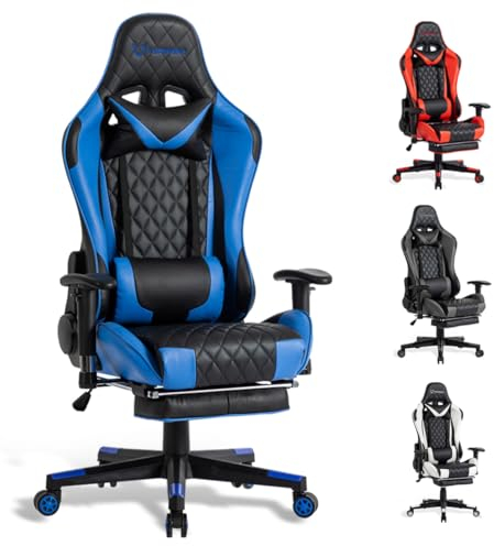 FOXSPORT Ergonomischer Gaming Stuhl - Schreibtischstuhl - PC Gaming Stühle - Chefsessel - Sessel - Bürostuhl - Stühle Gaming - Stuhl für Gamer und Arbeit. (Blau, Mit Fußstütze)