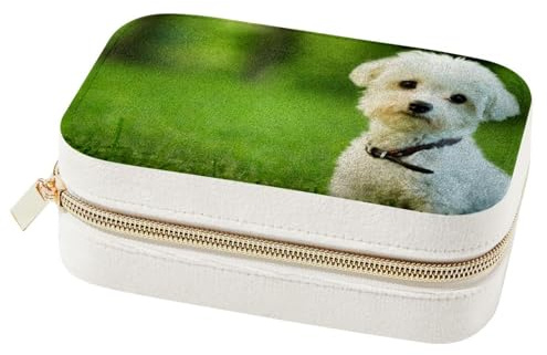 Diusye Schmuckkästchen aus Samt für Damen und Mädchen, Reise-Schmuck-Organizer, Aufbewahrungsbox mit herausnehmbarem Tablett für Halsketten, Ohrringe, Armbänder, Ringe – Malteser weißer Hund auf