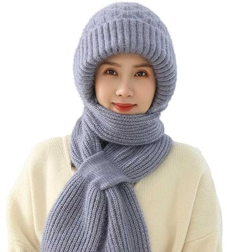 MUNSKT 2 in 1 Integrierter Gehörschutz Winddichte Mütze Schal，Verdickte Winterschal Mütze Verdickter Warmer Strickmütze Kapuzenschal für Frauen Winter
