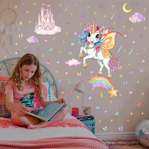 Adesivi da Parete Fluorescenti Unicorno, Adesivo Murale con Luminosi Stelle, Arcobaleno Luminoso Decorazione Adesivo Murali Autoadesivi, Bambini Decorata Stickers da Muro per Ragazze Ragazzi Camera