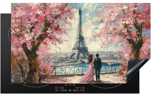 KitchenYeah© Protège Plaque Induction 91x52 cm Deco Cuisine Accessoire Pratique Protection De Vitroceramique Kitchen Gadget Tour Eiffel - Couple - Rose - Romantique - Arbres - Paris