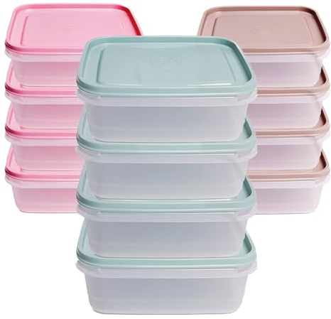 TUKA - Juego 12 de Herméticos, tupper de 850 ml de Plástico Rectangulares, con Tapa de Silicona Resistente, Apto para Lavavajillas Microondas y Congelador (Rosa, Verde y Gris) (12 x 850 ml)