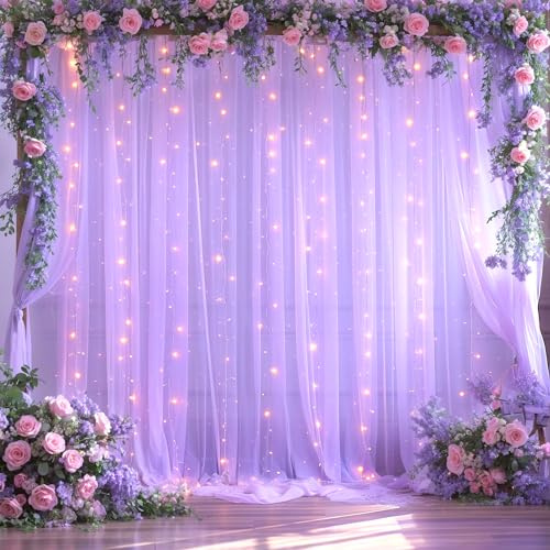 Lavendel-Tüll-Fotohintergrund, Vorhang mit Lichterkette, für Partys, Hochzeit, Brautparty, transparenter Lavendelvorhang, Hintergrund für Geburtstag, Babyparty, Fotokabine, Fotografie, 3 x 2,4 m