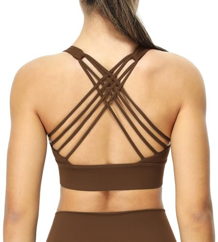 icyzone Damen Sport-BH Gepolstert Ohne Bügel Yoga Bra Gekreuzt Rücken Sport Gym Fitness BH (Chestnut Brown, XS)