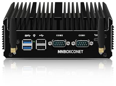 MNBOXCONET Lüfterlos Mini PC Industrial J6412, Small Fanless Computer, 16GB RAM 512GB NVMe SSD, Windows 11 Pro, Dual i226V 2.5GbE LAN, RS232 COM, WiFi5/BT4.2, Business Büro Triple Display
