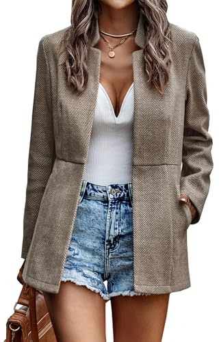 Womens Jacket Open Front Casual Office Slim Fit Blazers Suit Long Sleeve Lapel Collar Wool Blend Coat