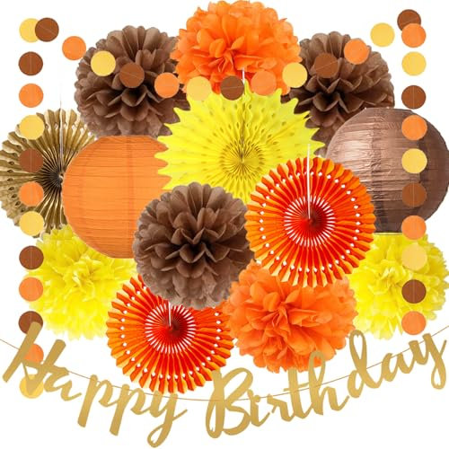 Fall Birthday Decorations Orange Autumn Hanging Paper Fans Orange Brown Yellow Tissue Pom Poms Circle Dot Garlands Happy Birthday Banner for Baby Shower Fall Harvest Party Decor