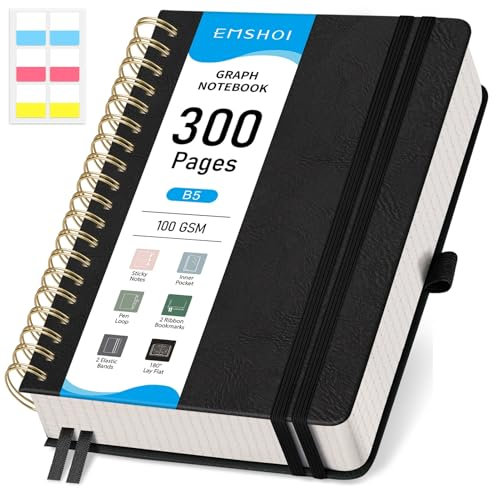 EMSHOI B5 Graph Paper Notebook, Spiral Notizblock, 150 Blatt/300 Seiten, 100 g/m², Hardcover, Haftnotizen, Tasche, Stiftschlaufe, Lineal, Lesezeichen, kariertes Tagebuch für Damen und Herren,