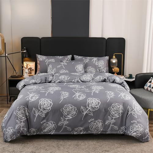 Gezu Housses de Couettes 220x240cm Gris Motif de Roses Parure de Lit Adulte 2 Personnes Confortable Romantique Sets de Housse de Couette Linge de Lit avec 2 Taies d'oreiller 65x65cm Fermeture Éclair
