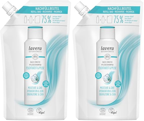 lavera Nachfüllbeutel basis sensitiv Pflegeshampoo Feuchtigkeit & Pflege - intensive Feuchtigkeit & sanfte Pflege - ohne Silikone - vegan - Naturkosmetik - 500 ml (Packung mit 2)