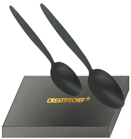 CREATIVECHEF Kunz Spoons, Chef Kunz Cooking Spoons, Stainless Steel Titanium Shiny Basting Spoon, 18/10 Stainless Steel, Plating Kunz Spoons, Dinner Serving Spoons (Black)