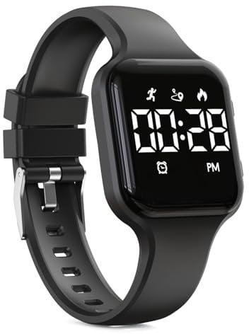 Focwony Montre numérique étanche pour enfants avec podomètre, affichage LED, chronomètre, pour enfants, garçons, filles, adolescents, Noir , taille unique, Moderne