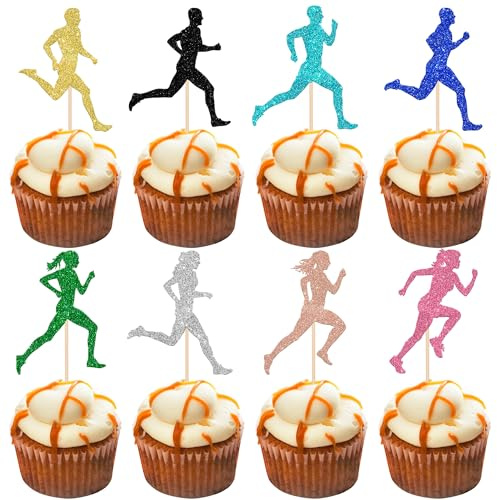Xsstarmi 24 Pack Running Cupcake Toppers Glitter Sports Fitness Cupcake Picks for Sports Theme Running Baby Shower Boys Girls Birthday Party Cake Decorations Supplies Colorful