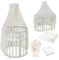 Waldin Oval Baby-Bett Mitwachsend Komplett Set 7in1, Gitterbett, Kinderbett mit Matratze, Wickelkommode, Beistellbett, Holz Olive, Stoffe Champagner Löwenzahn