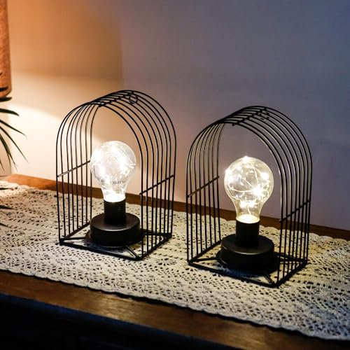 JHY DESIGN 2er-Set Batteriebetriebene Tischlampen 18 cm Hoch Vintage-Wandleuchter Metallkäfig zum Aufhängen Kabellose Wandhalterung mit 6-Stunden-Timer für Zuhause Hochzeit Innen Außenbereich (Kuppel)