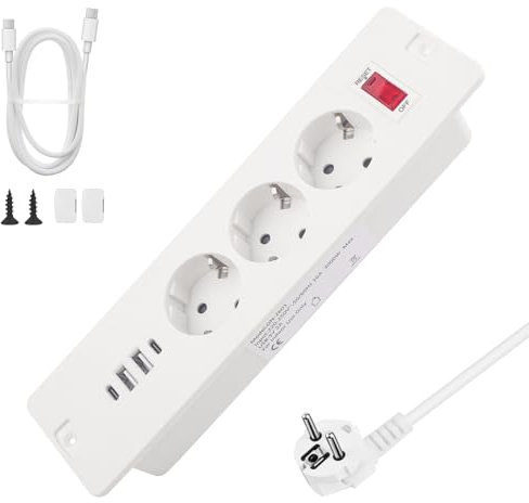 LbsAMP Multiprise avec Interrupteur + 3 Prises 2 USB et 2 Type C 3000W Prise Encastrable de Table Prise Encastrée Plan de Travail Cuisine avec Câble de 1,7M pour Meuble Maison Bureau - Blanc