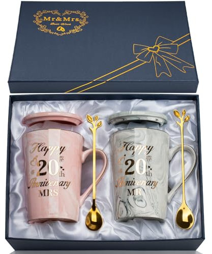 YIKILYLIFE 20th Anniversary Wedding Gifts, 2PCS Happy 20th Anniversary Mr Mrs Gifts Marble Ceramic Cups Set 14oz, 20 Year Anniversar-y Coffee Cup Gift-s for Couple, Parents, with Spoon, Card, Giftbox