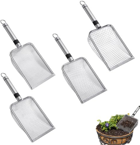 Ruioomeep 4 Pieces Stainless Steel Garden Sieve, 2/2.8/3.8/5 mm Mesh Size Fine Compost Sieve with Handle, Multifunctional Soil Sieve, Garden Sieve Soil, Sand Sieve, Ground Sieve for Soil, Compost