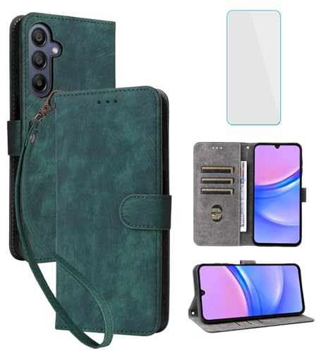 IUQXU for Samsung Galaxy A17 5G/4G Phone Wallet Case with Screen Protector [RFID Blocking] Leather Flip Card Slot Kickstand Women Men Mobile Phone Case for Galaxy A 17 SM-A176B 17A SamsungA17 Green