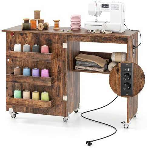 COSTWAY Table de Couture Pliante avec Prises Intégrées (Marron Rustique) | Armoire pour Machine à Coudre Roulante avec Étagère de Rangement, 3 Bacs Cachés, Meuble Couture pour Salon, Bureau, Studio