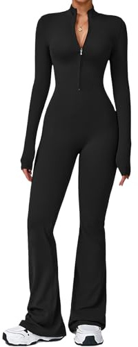 ECUPPER Womens Long Sleeve Yoga Jumpsuit Zip Up Gym Unitard Full Length Bodysuit Flared One Piece Yoga Romper