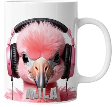 Personalisierte Kaffeetasse Lustiger Flamingo mit Kopfhörern | Keramik Becher mit Namen – lustige Tiermotiv Tasse, Geschenkidee für Männer, Frauen, Kinder & Kollegen – spülmaschinenfest, 330ml