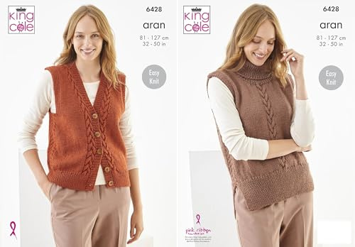 King Cole Aran Knitting Pattern Pamphlet - 6428 Ladies Waistcoat & Tank Top (2 Designs) 32-50ins
