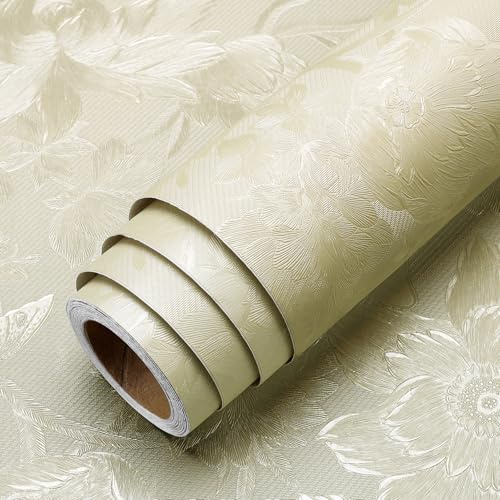 LACHEERY Selbstklebende Tapete Beige Creme Wand Tapete Floral Blumen 40cm x 200cm Wandtapete Struktur Selbstklebend Vinyl Tapeten Blumen Wasserdicht Blumentapete Möbelfolie für Schrank Wohnzimmer