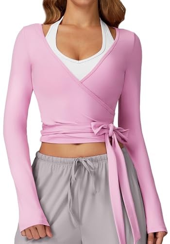 SEAUR Damen Pilates Training Top Langarm V-Ausschnitt Wickelcardigan Cropped für Yoga Gym Ballett Practice Outdoor Wandern Fitness Kleidung Rosa M