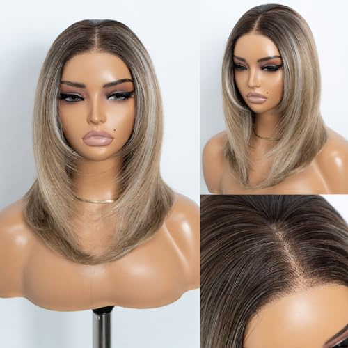 STYLE ICON Blonde kurze gestufte glatte Perücke für Frauen 16 Zoll vorgeschnitten 13x3 Lace Front mit dunklen Haarwurzeln Synthetisch Kleberfrei (NTF6/14Q/613V)