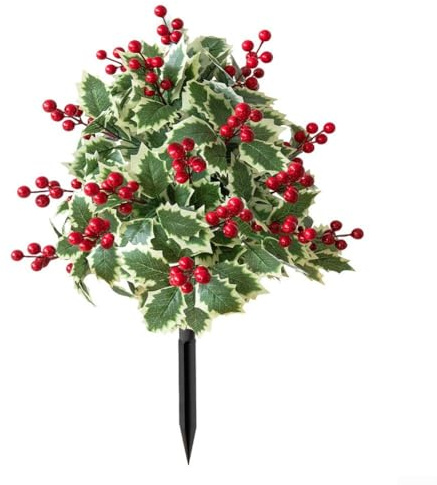 Honseadek Piquet de baies rouges artificielles pour décoration de Noël en extérieur 56 cm – Plante de jardin artificielle avec fruits en PVC et feuilles en soie, facile à installer