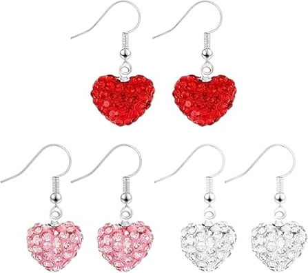 3 Paar Herz Tropfen Ohrringe, Herz Ohrringe mit Strasssteinen, Romantische Valentinstag Ohrringes, Rot Rosa Silber Ohrringes in Herzform, Valentinstagsgeschenk für Damen Mädchen